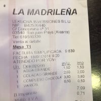 Cafeteria La Madrilena Churreria menu